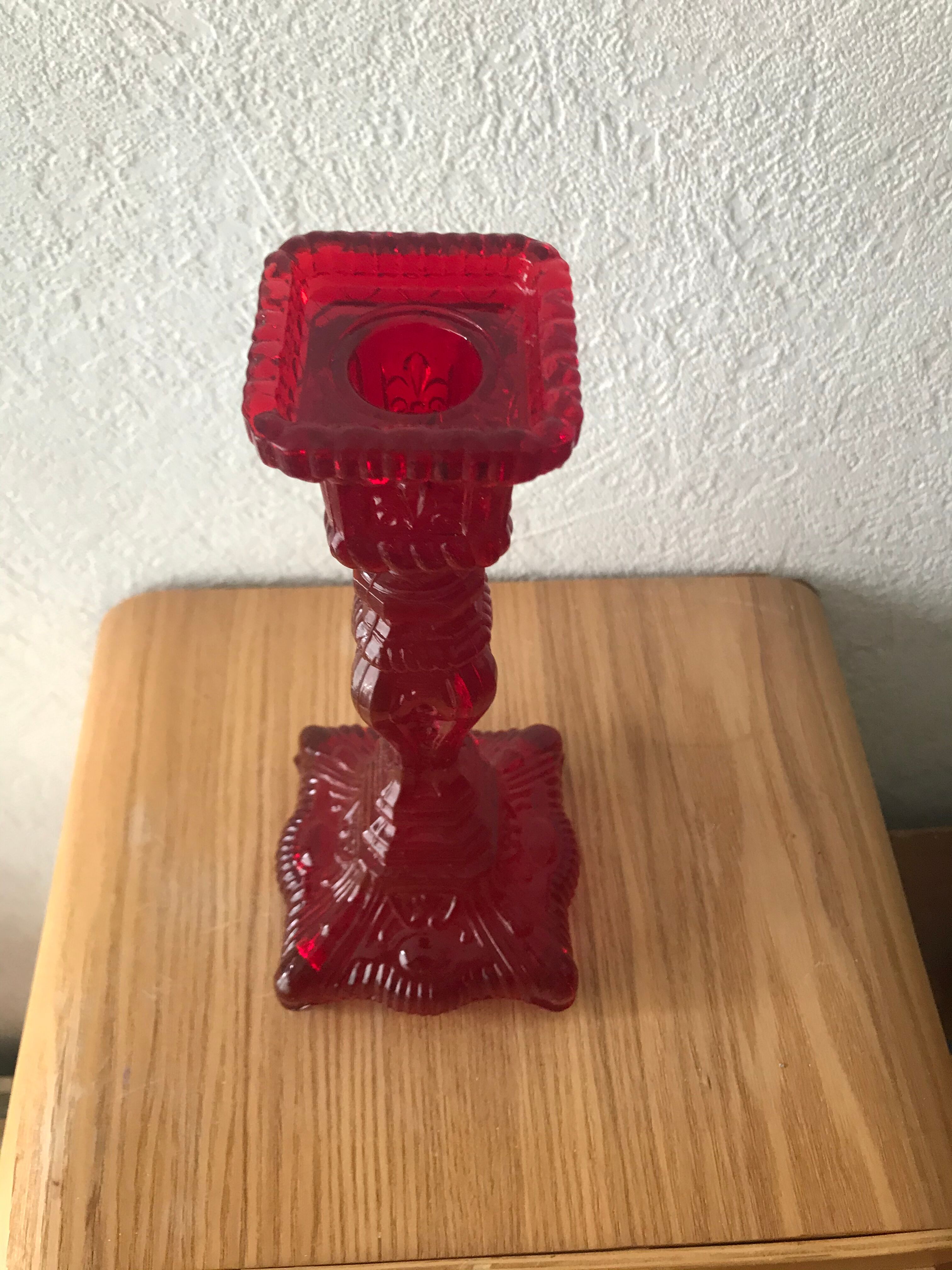 Red molded glass candlestick