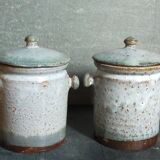 Duo of potter's pots covered in vintage glazed stoneware