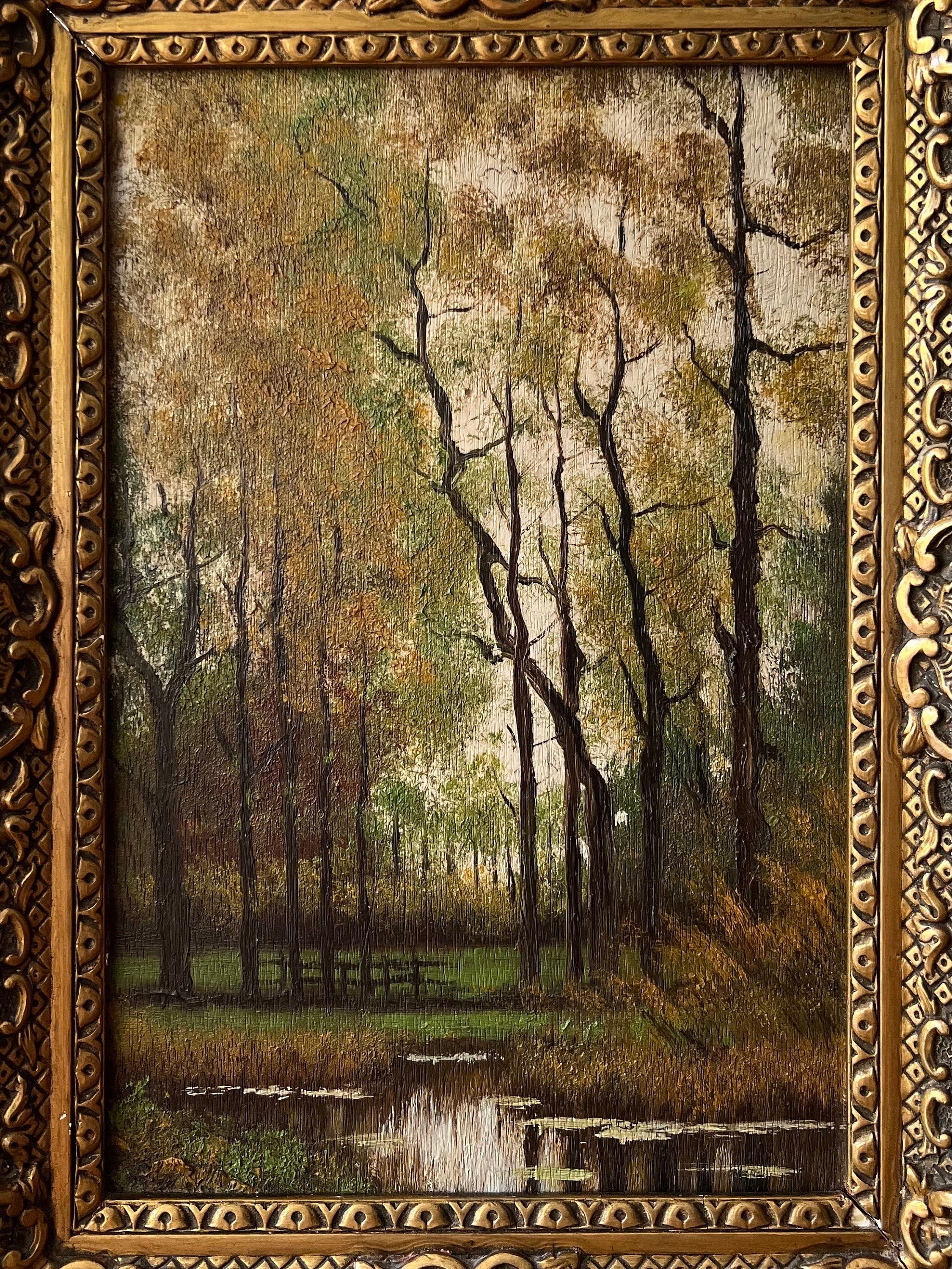 1950s Landscape, Framed Forest Landscape Oil Painting, Forest Oil Painting