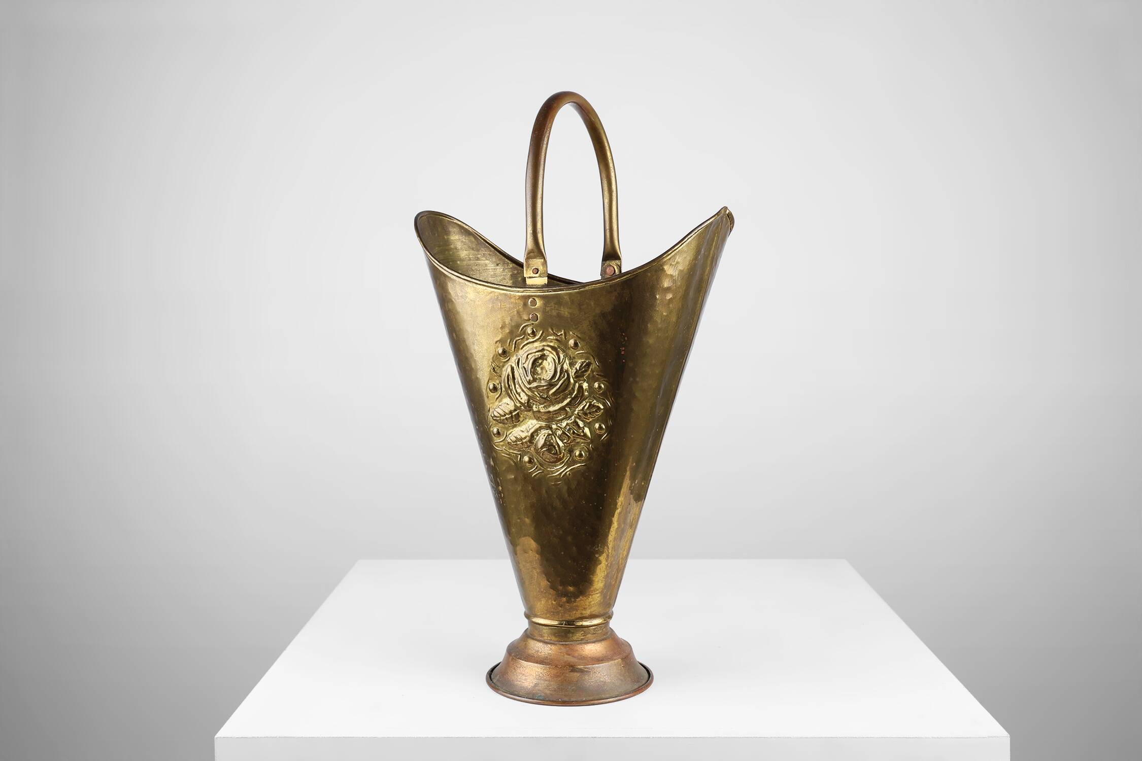French vintage rustic brass and copper base umbrella stand with embossed decoration