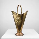 French vintage rustic brass and copper base umbrella stand with embossed decoration