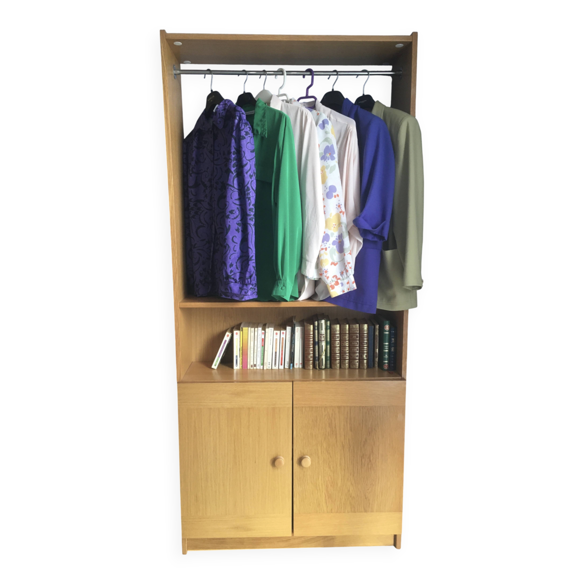 Dressing vintage Scandinavian style in light wood with wardrobe and cupboard.