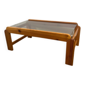 Table basse en pin et plateau en verre fumé, 1970/80