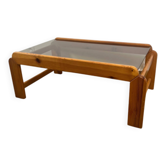 Pine coffee table with smoked glass top, 1970s/80s.