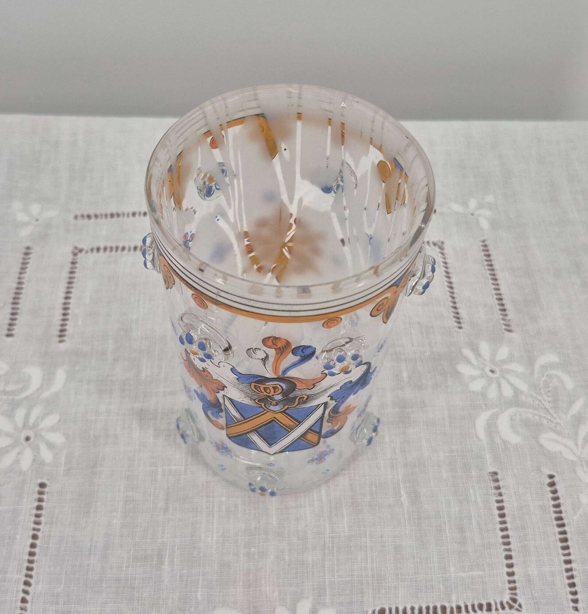 Small enamelled glass vase with armorial design in Historismus style from 19th century Bohemia.
