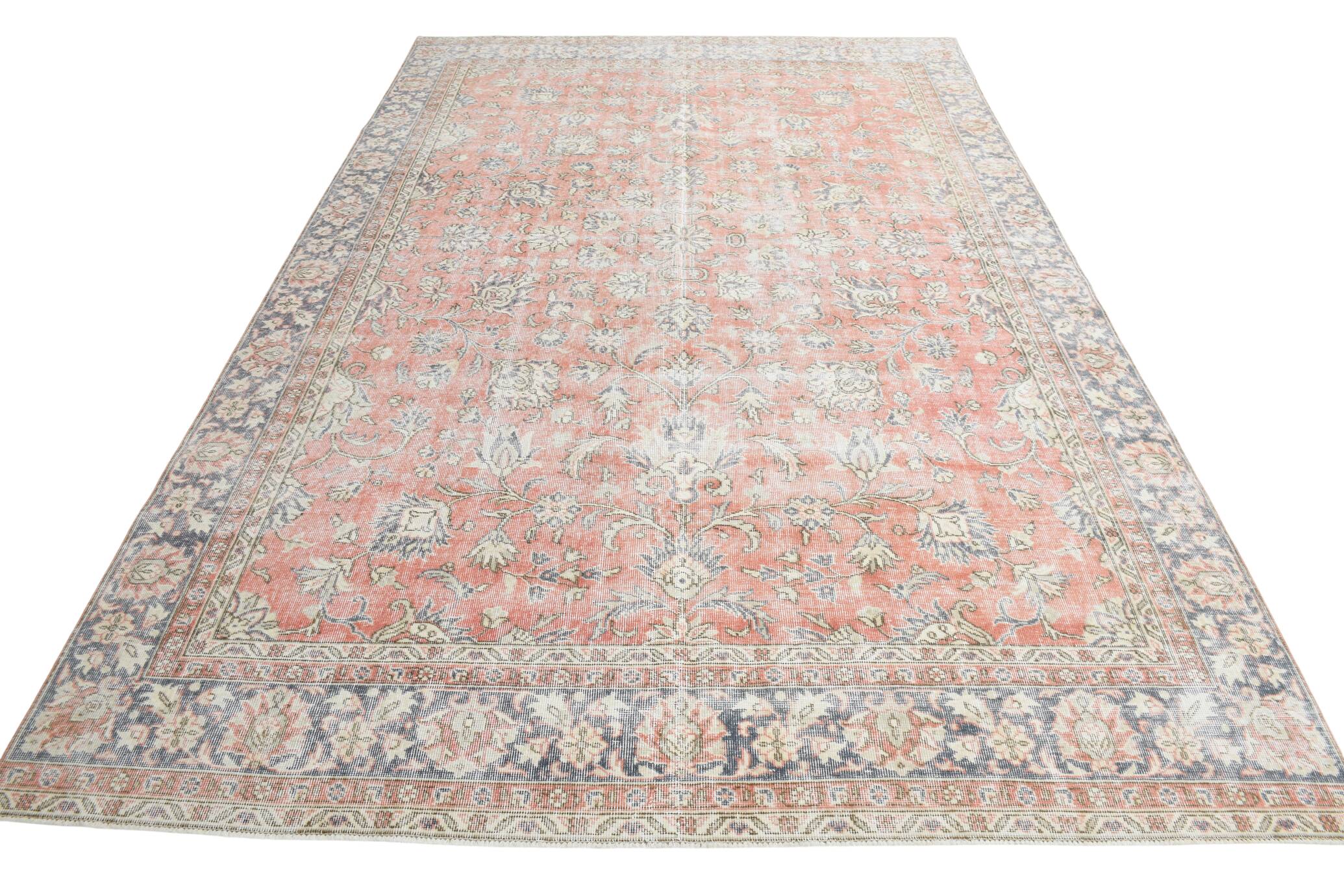 7x11 Salmon Pink & Blue Vintage Persian Rug, Large Floral Rustic Decor