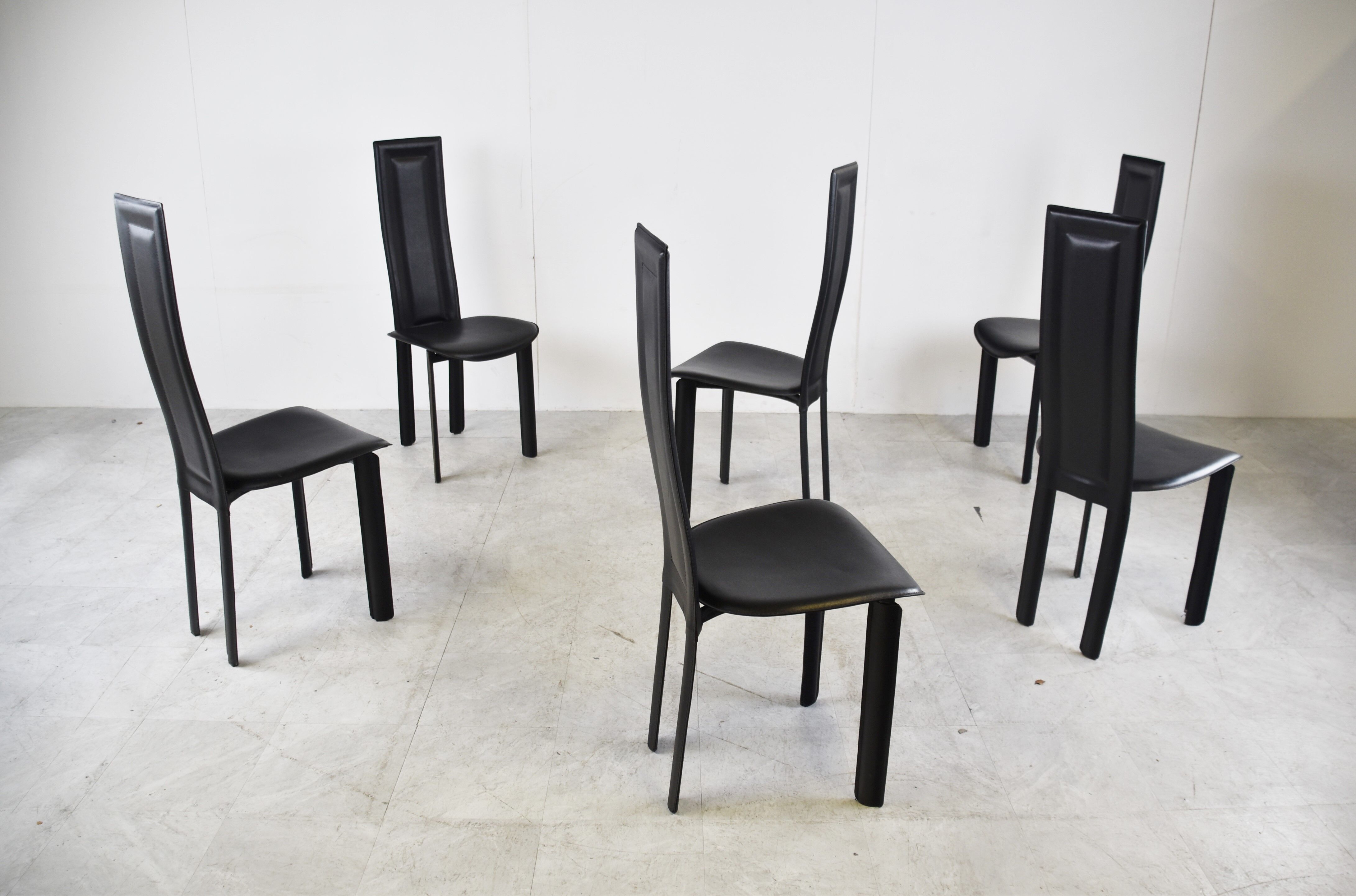 Vintage black leather dining chairs,  1980