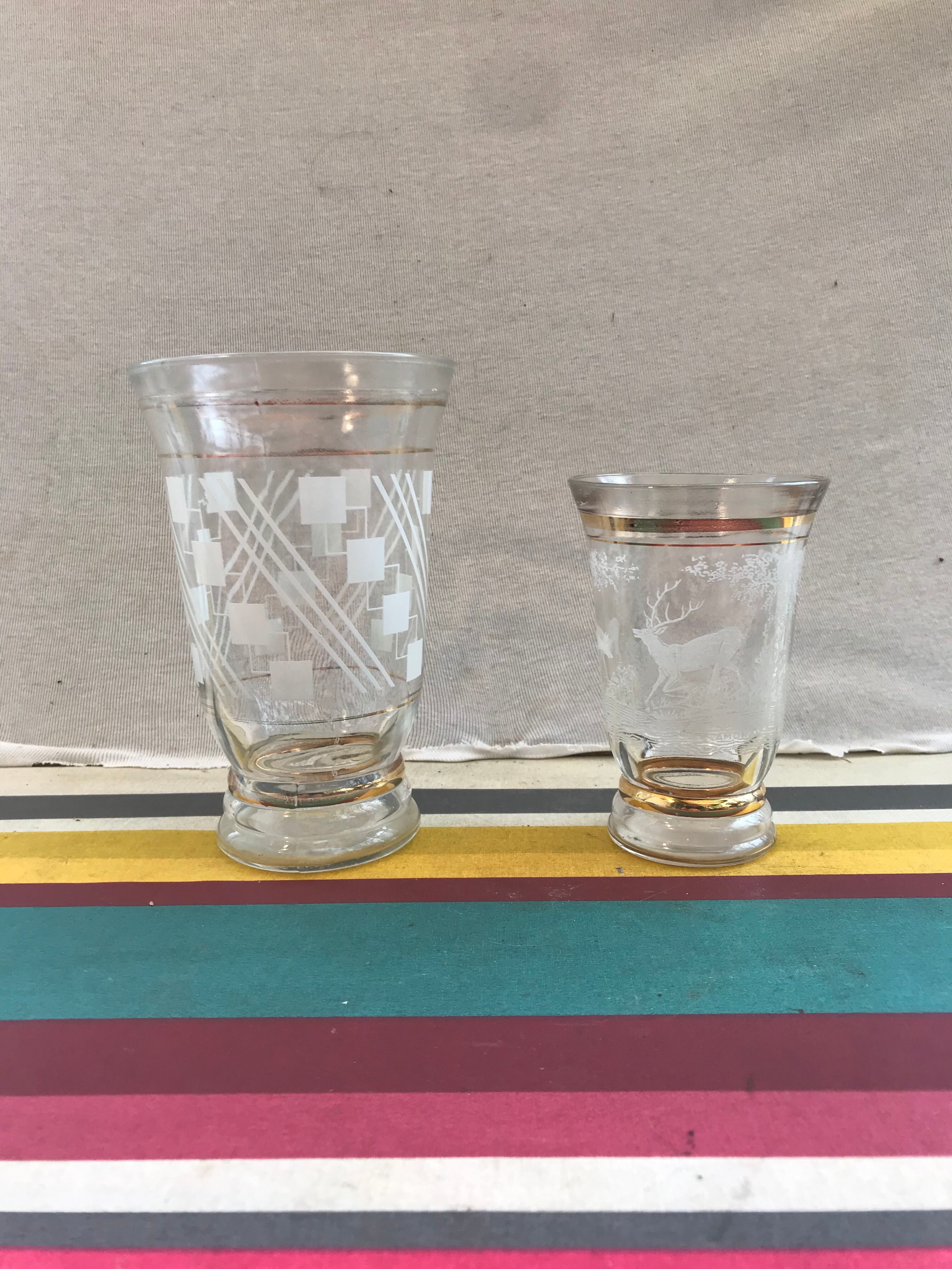 Pair Old Glass Vase Moulded Gold Decor AMORA - Vintage Geometric Design