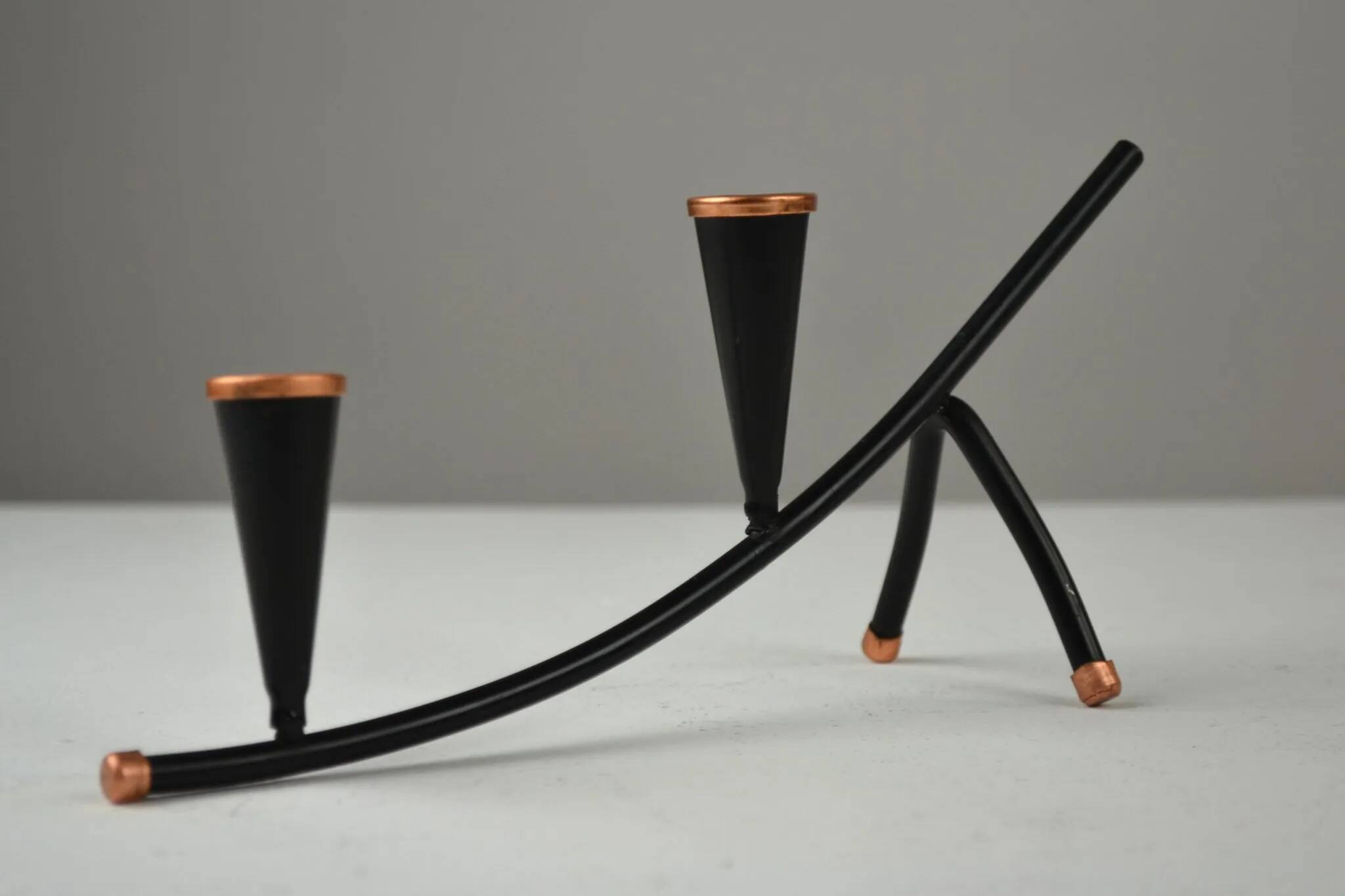 Black Painted Metal Candle Holder with Copper Detailing – Gunnar Ander for Ystad-Metall, Sweden, 1950s
