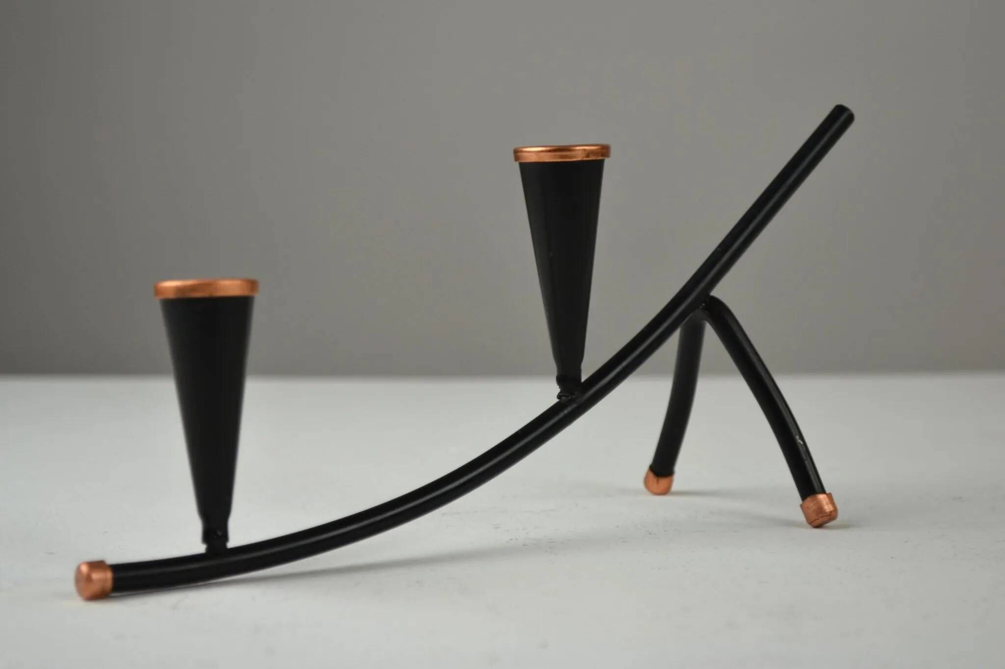 Black Painted Metal Candle Holder with Copper Detailing – Gunnar Ander for Ystad-Metall, Sweden, 1950s
