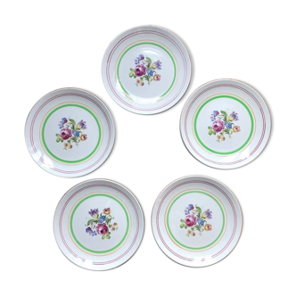 Lot de 5 assiettes à dessert faïence de Gien vintage, années 40/50, avec motif floral en leur centre