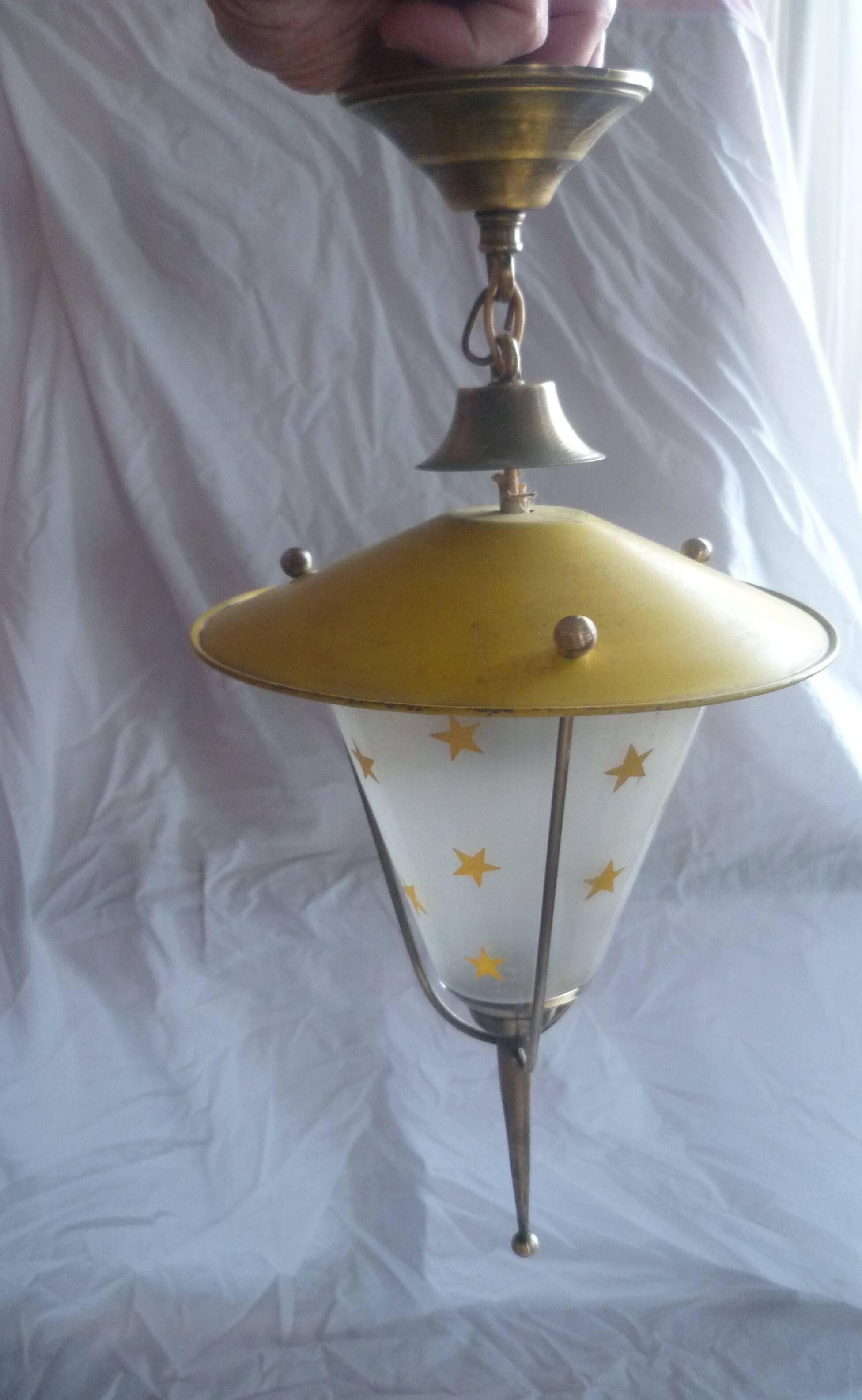 VINTAGE PAINTED SHEET METAL CHANDELIER BRASS & GLASS 50/60's YELLOW