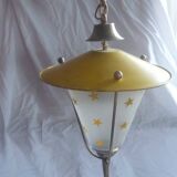 VINTAGE PAINTED SHEET METAL CHANDELIER BRASS & GLASS 50/60's YELLOW