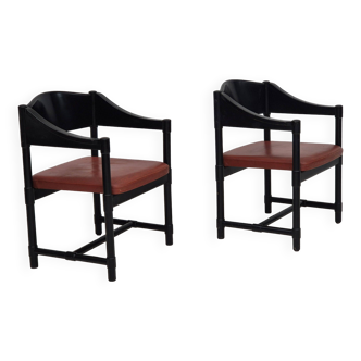 1970s, set of 2 Finnish armchairs by Lepokalusto, original condition, birch wood, leather.