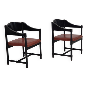 1970s, set of 2 Finnish armchairs by Lepokalusto, original condition, birch wood, leather.