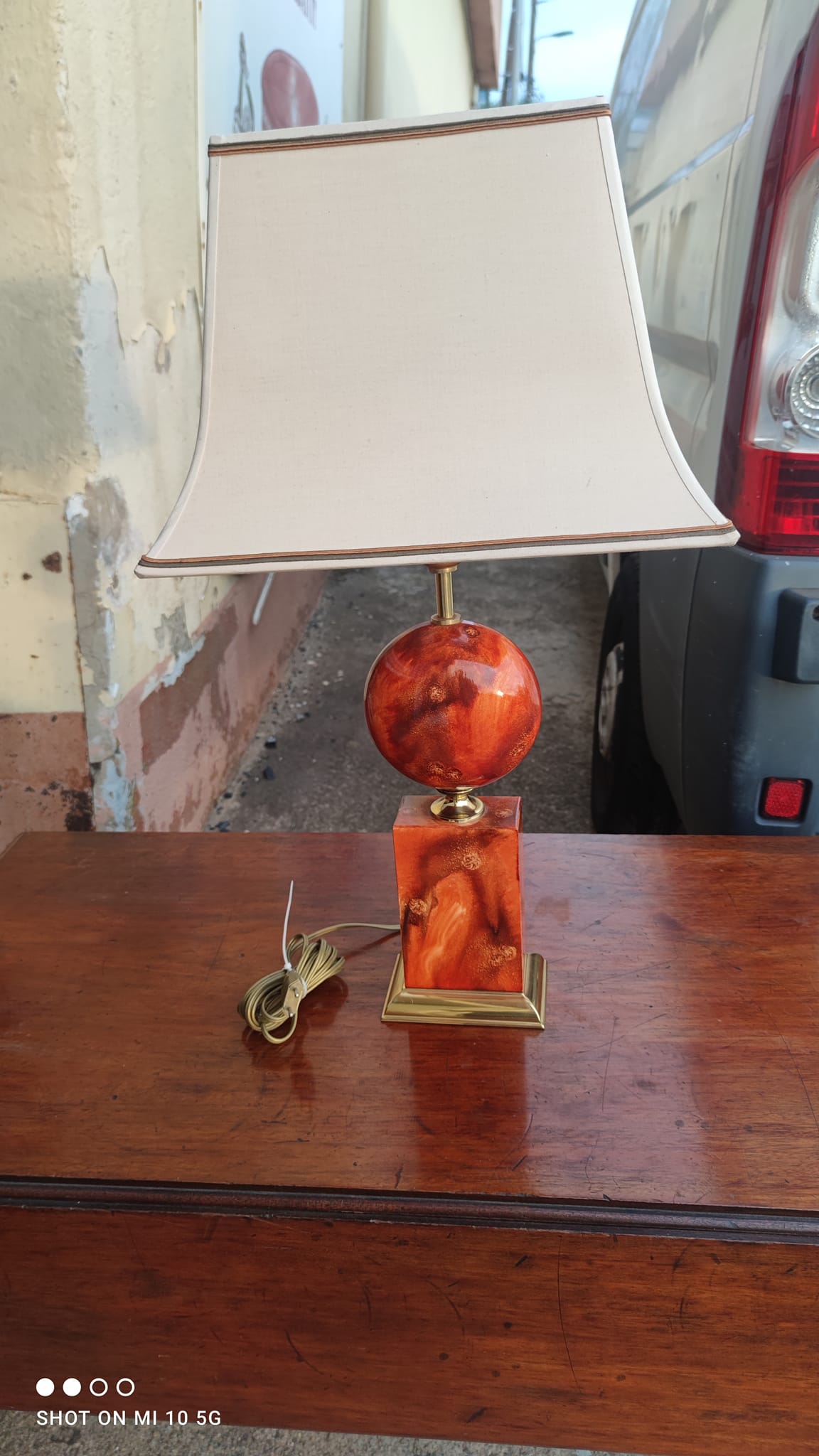 Lamp circa 1970 in iron and lacquered wood as well as bronze