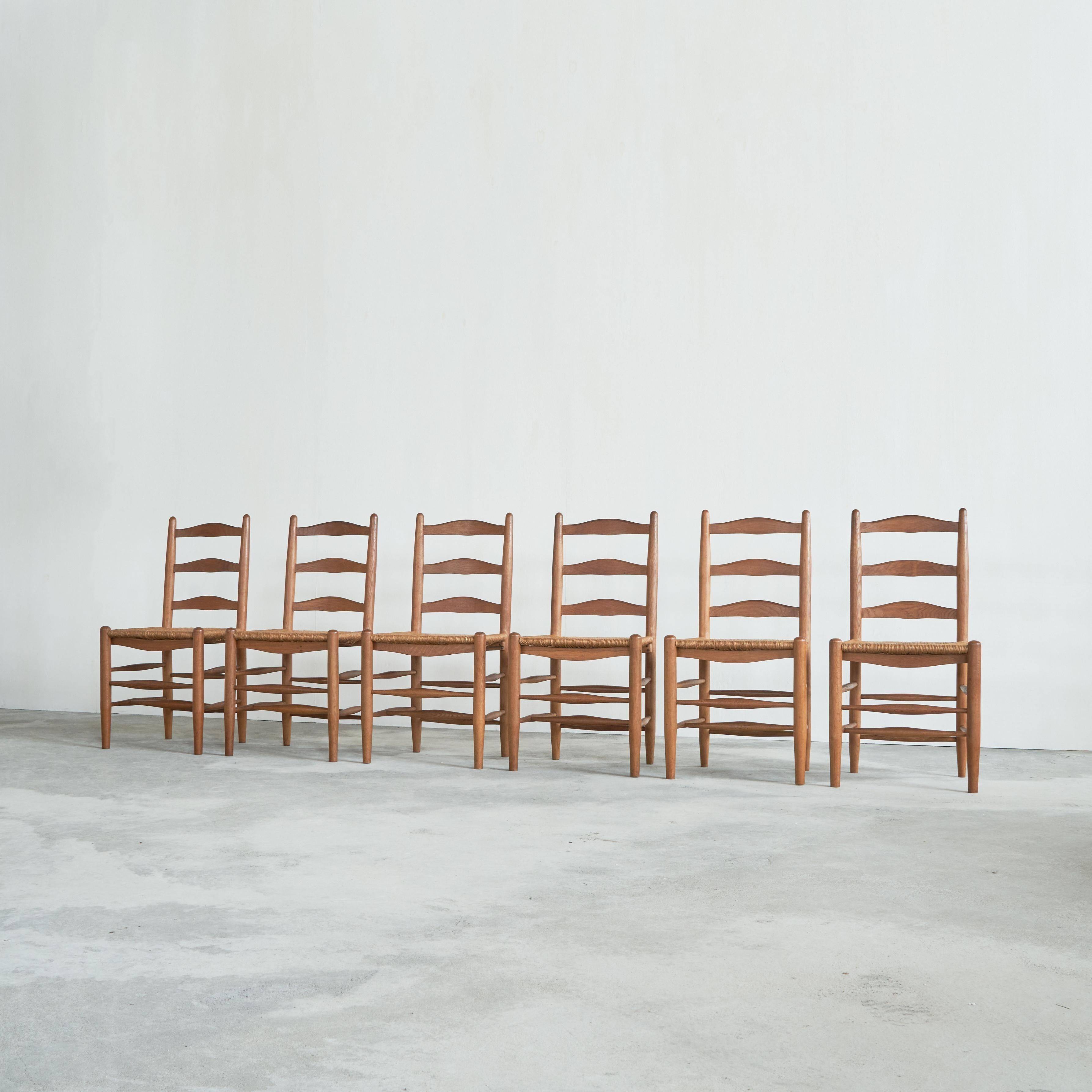 6 solid oak and woven bamboo chairs, mid-century, 1950s