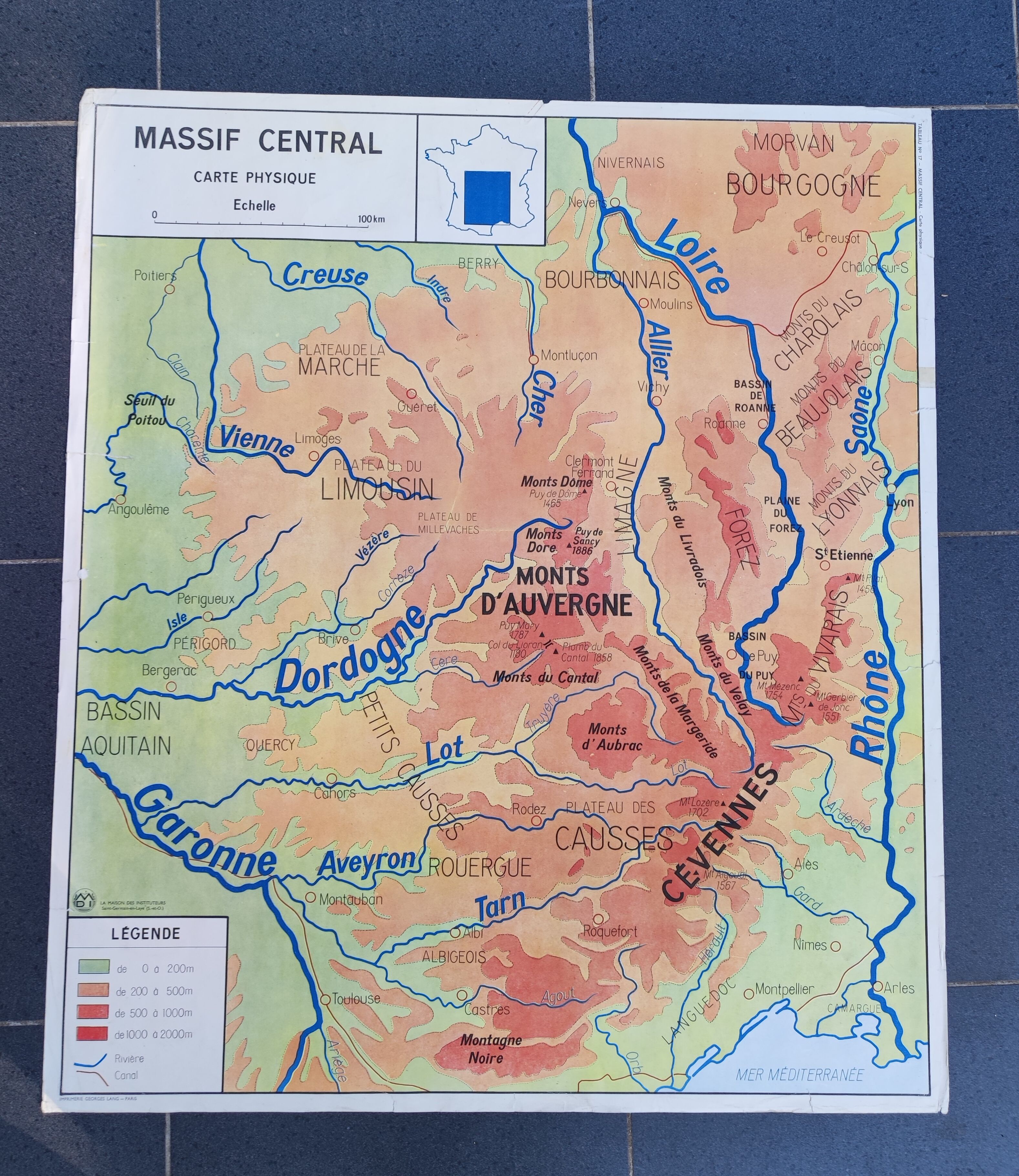 Poster school map Mediterranean Region and Corsica Massif Central