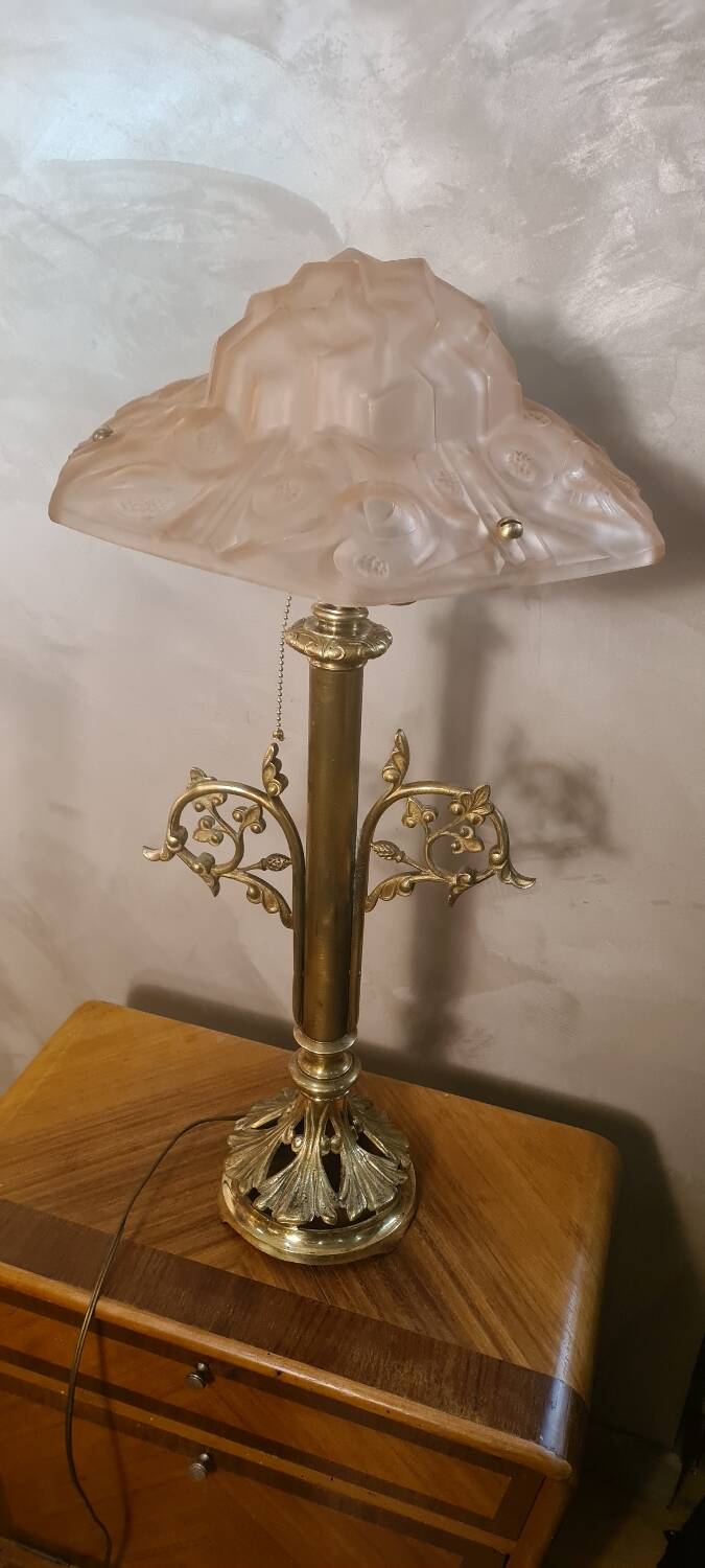 art nouveau bronze and brass lamp and lampshade signed opaque pink degue
