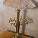 art nouveau bronze and brass lamp and lampshade signed opaque pink degue