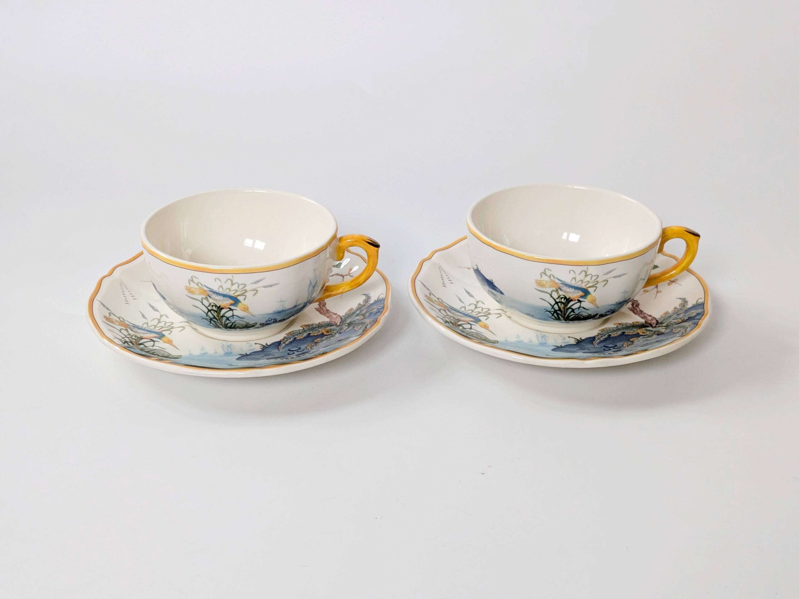 Set of 2 Gien Magellan "Caribbean" cups and saucers, vintage earthenware