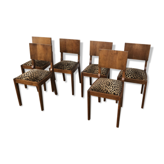 6 chaises année 30 recouvert tissu leopard