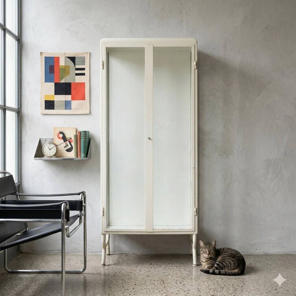Antique enamelled iron and glass display cabinet, Italy, 20th century
