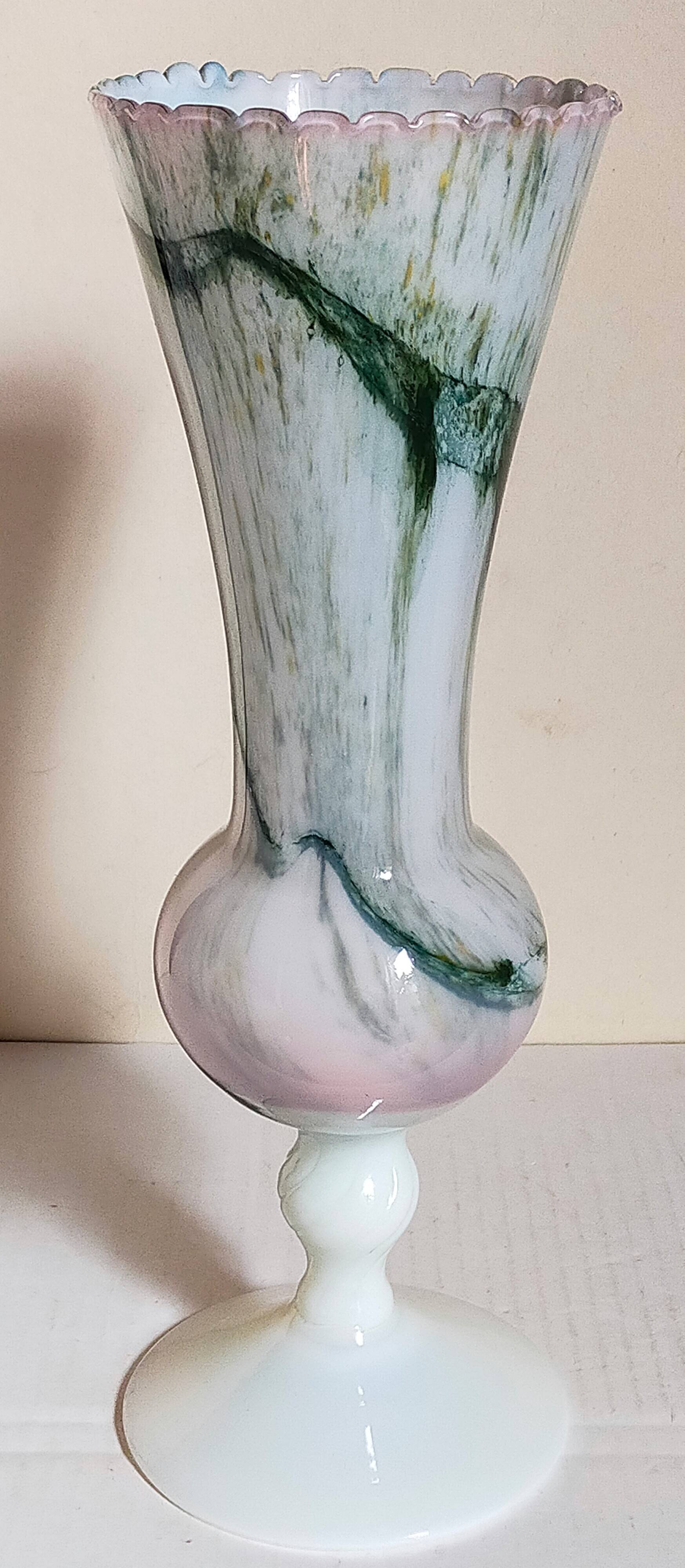 Vase on foot in opaline and vintage blown glass 30 cm