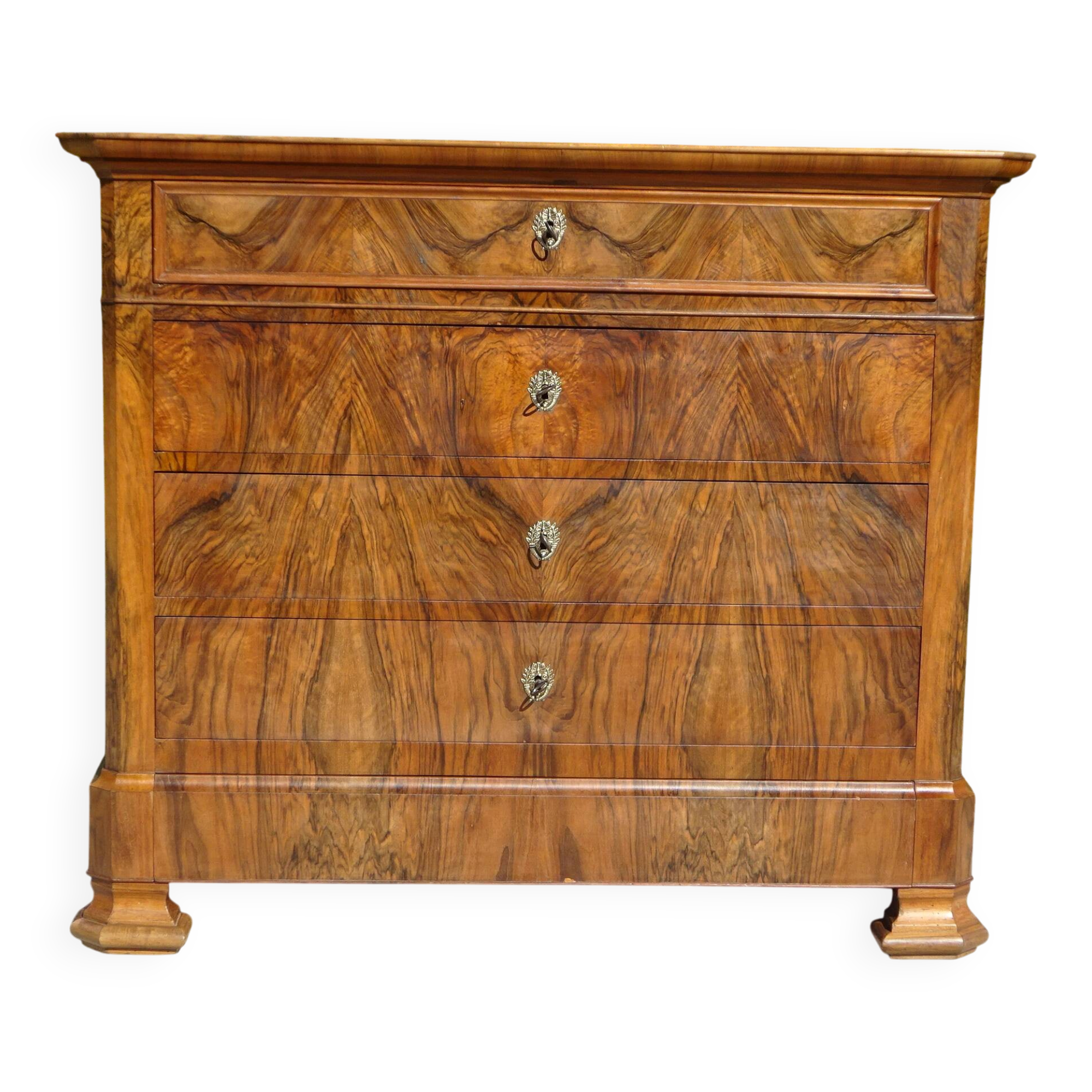 Ancienne commode en noyer et ronce de noyer