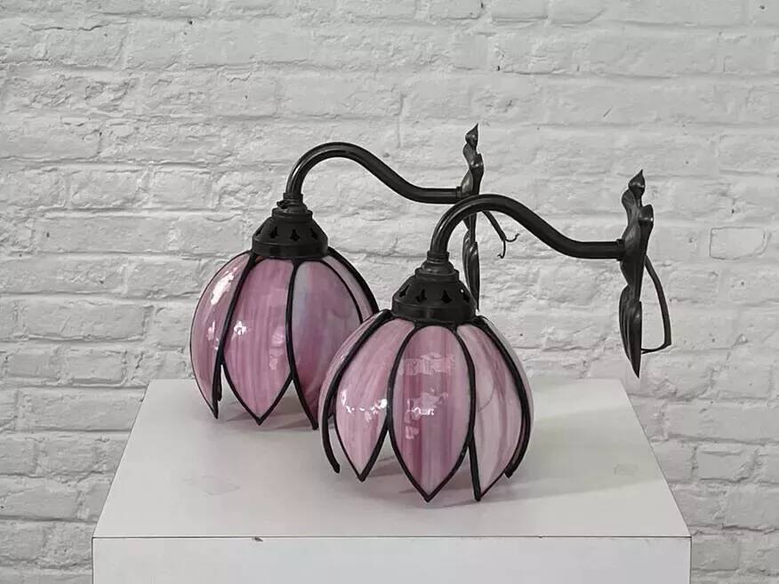 Pair of Tiffany style iron and glass leg wall lights