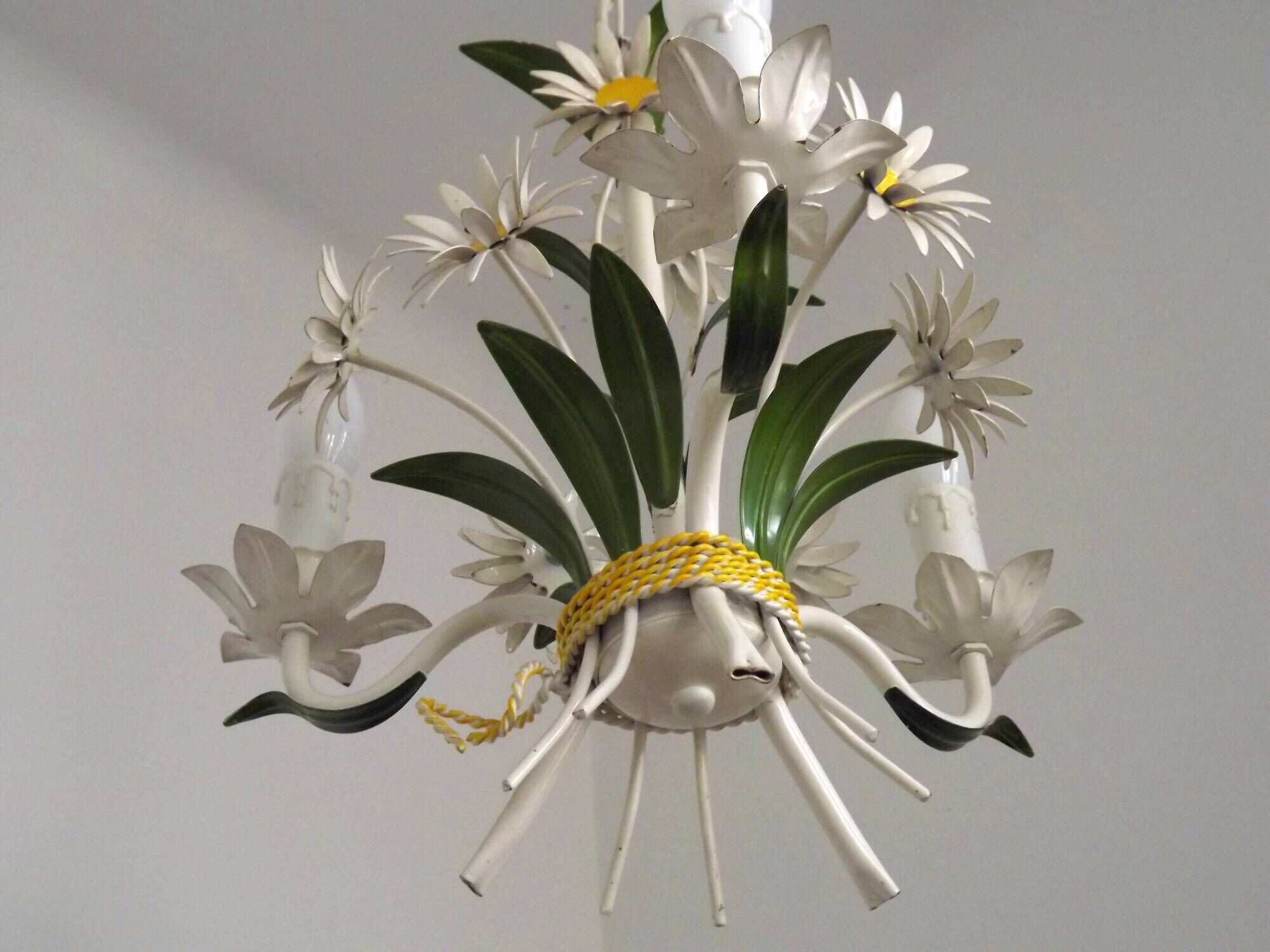 French Vintage Tied Bouquet Style Daisy Flower 3 Light Chandelier