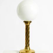 Large 1960s brass column-style table lamp with frosted glass globe