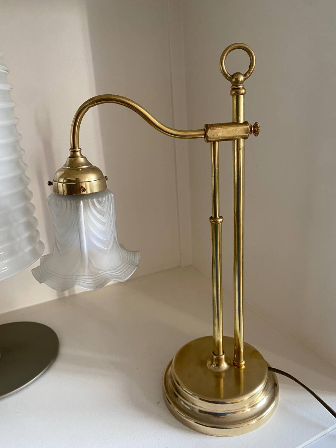 Large art deco brass lamp with swan neck and glass tulip globe
