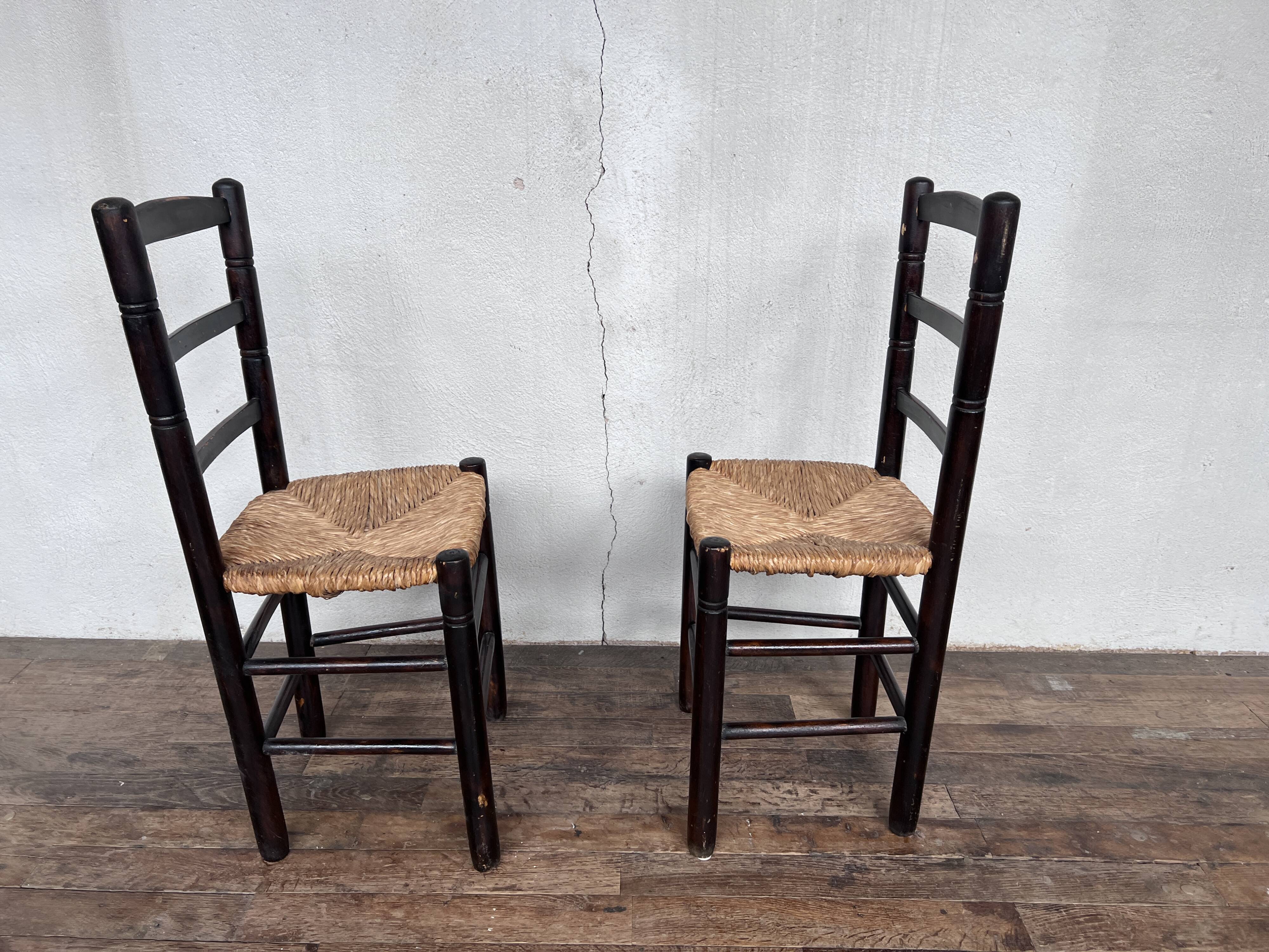 Paire de chaises brutaliste bois paille