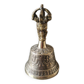 Tibetan Meditation Bell with Vajra/Lucky Point. Handmade in Nepal. In old gold patinated brass. 11 x 6 cm