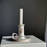 Small vintage hand-held candlestick in earthenware with green trim and floral decoration H10.5