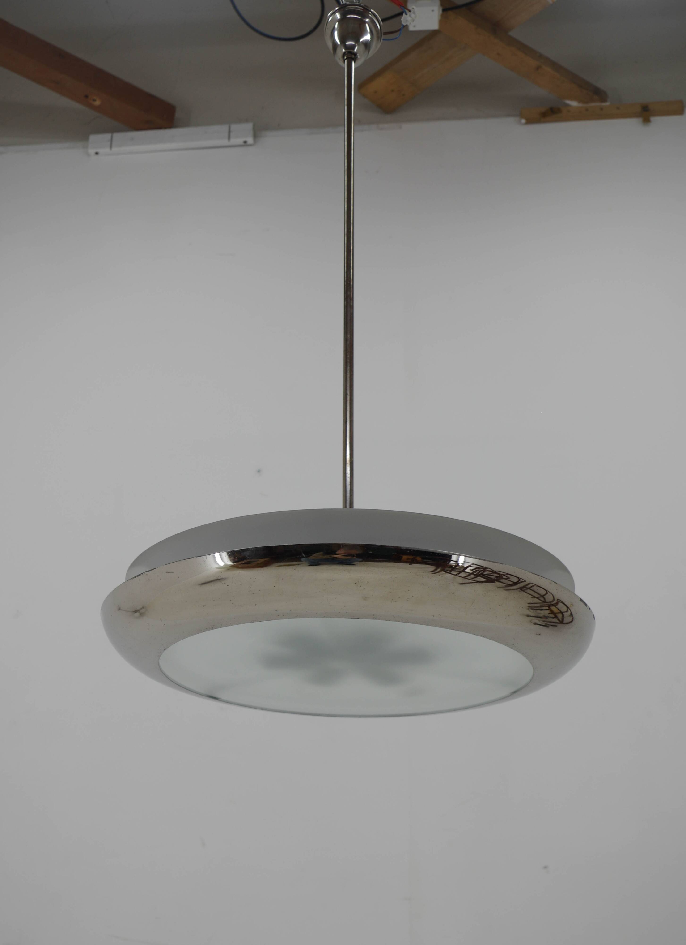 Bauhaus / Functionalist Nickel Chandelier UFO, 1930s, Restored
