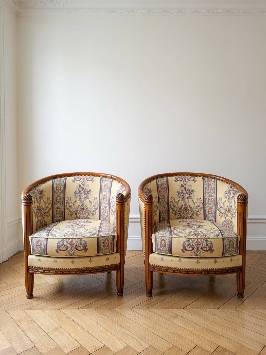 2 Cabriolet armchairs in solid carved cherry wood – Floral fabric upholstery – Classic style