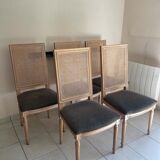 Lot 5 bleached wood chairs and chocolate seats
