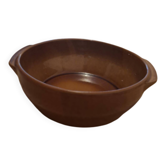 Old 21 cm brown handled stoneware dish from Digoin, France.