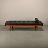 Scandinavian Daybed in Teak and Black Leather attributed to Horsens Møbelfa