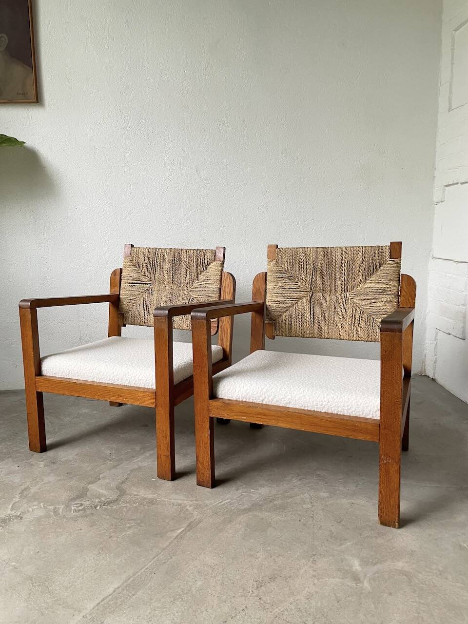 Pair of oak and straw armchairs, reconstruction style