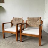 Pair of oak and straw armchairs, reconstruction style
