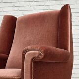 Fauteuil danois à dossier haut, années 1970, velours d'ameublement rose saumon, bois de hêtre.