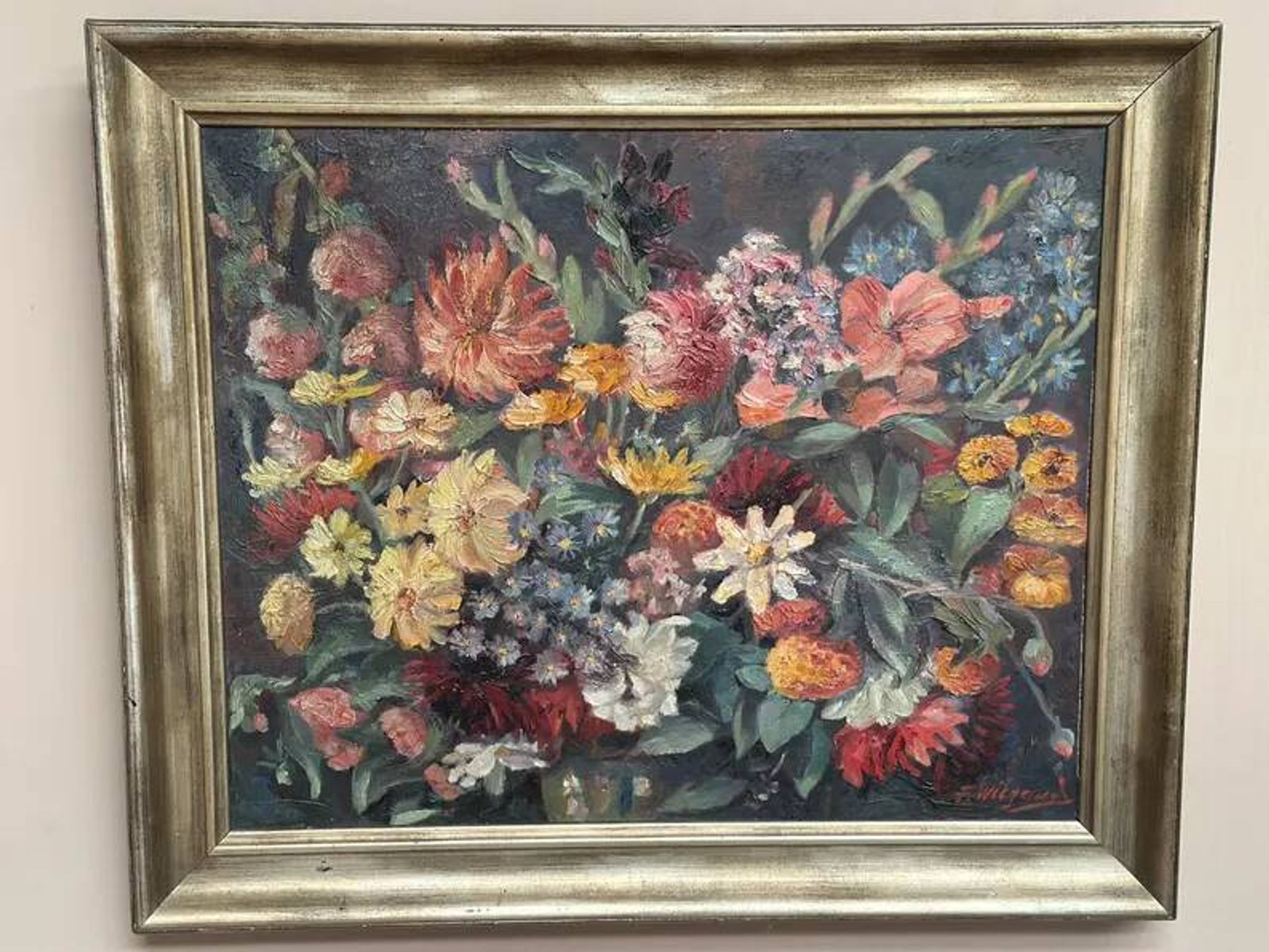 Original Still Life Oil on Canvas “Still Life with Flowers” by F. Wiegand