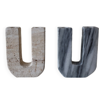 Set of marble and travertine candle holders