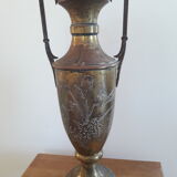 Brass amphora vase - copper art deco style on pedestal with floral pattern handles