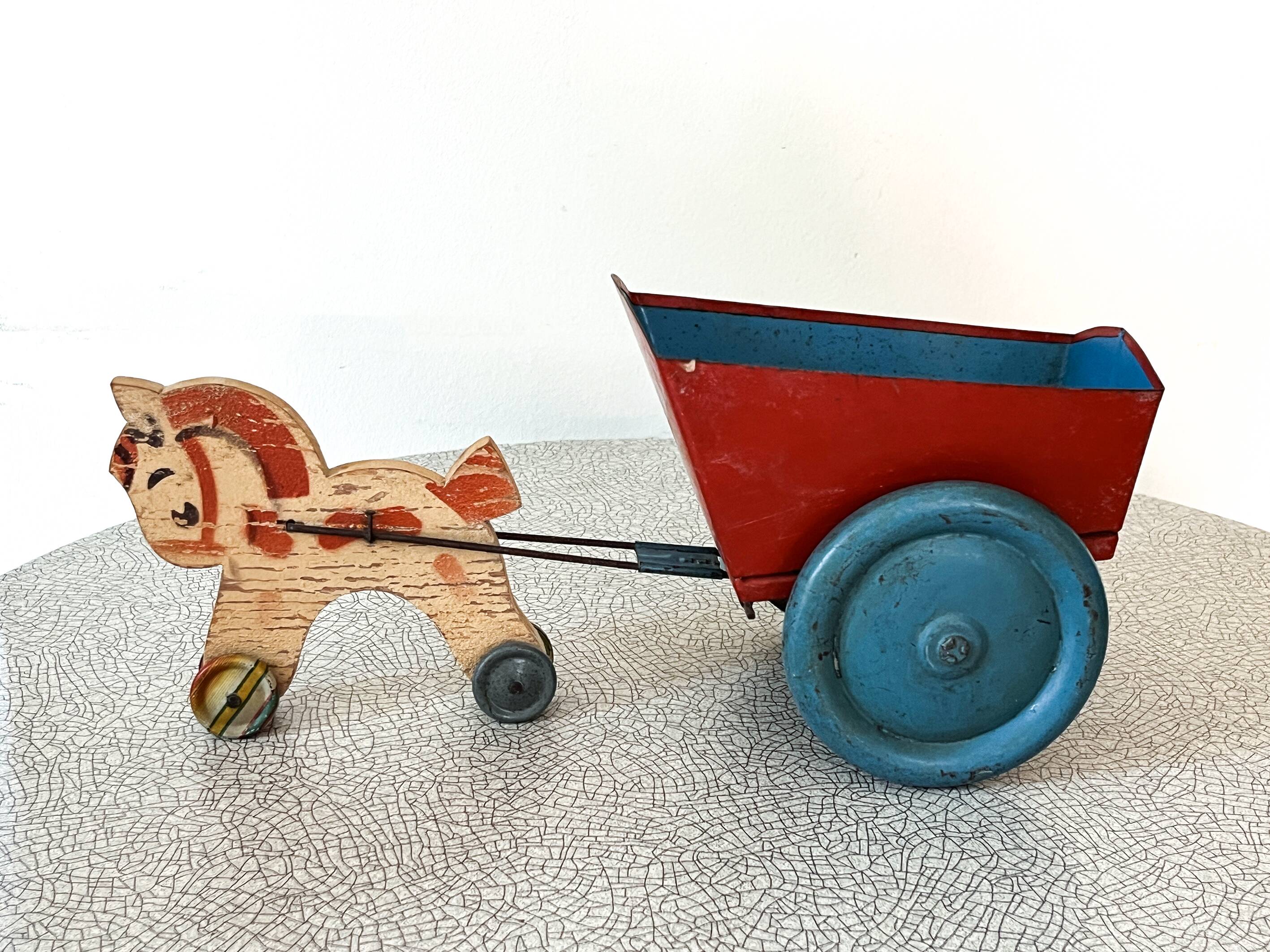 Horse cart and tin cart, old pull toy.