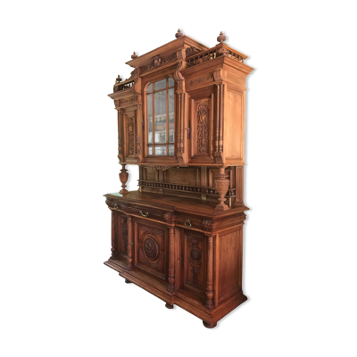 Buffet ancien, 2 corps en chêne massif style Henri II, vitrine en verre biseauté