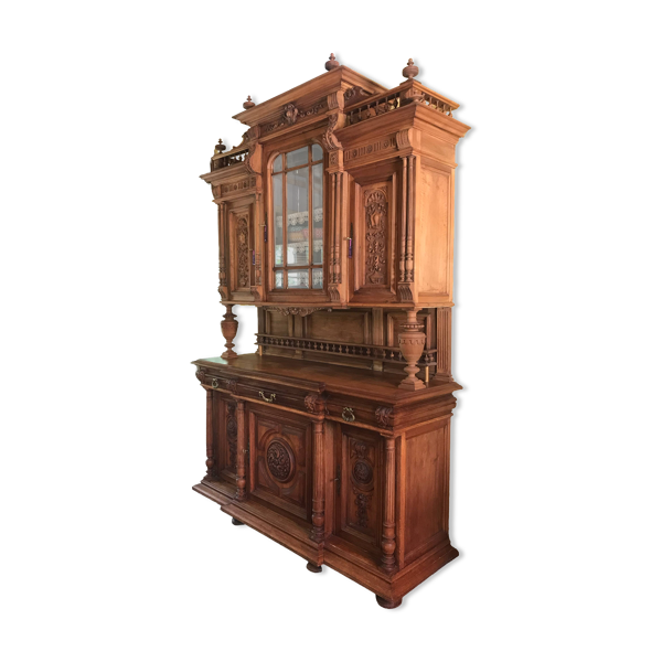 Buffet ancien, 2 corps en chêne massif style Henri II, vitrine en verre biseauté